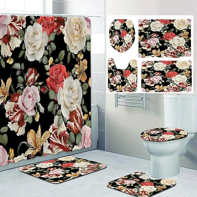 Juego de 4 cortinas de ducha para el día de San Valentín, decoración moderna para el hogar, con alfombrilla de baño en forma de U y tapa de inodoro y 12 ganchos.