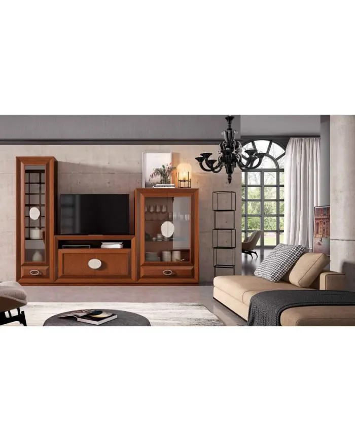 Composición de muebles de salón con dos vitrinas y cajones en Nattex