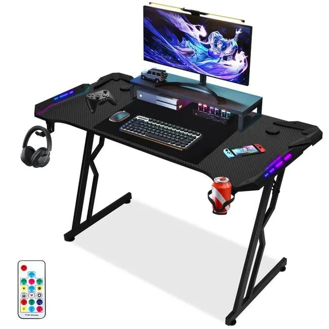 Escritorio Gamer con Alfombrilla de Ratón y Soporte para Taza, Escritorio Gamer para E-Sport - 120x60x75cm, Luz LED + mando a distancia incluidos