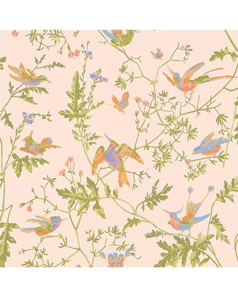 PAPEL PINTADO Hummingbirds Tangerine & Olive On Blush 124-1002
