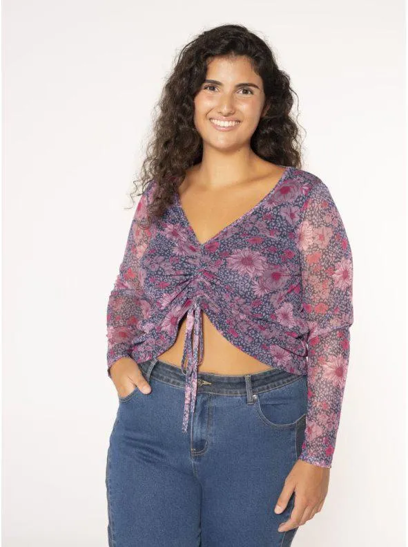 Camiseta estampada mesh con frunces