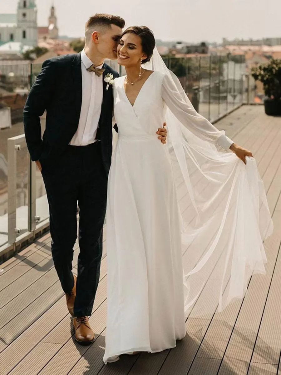 Vestido de novia sencillo corte en A cuello en V mangas largas personalización gratuita