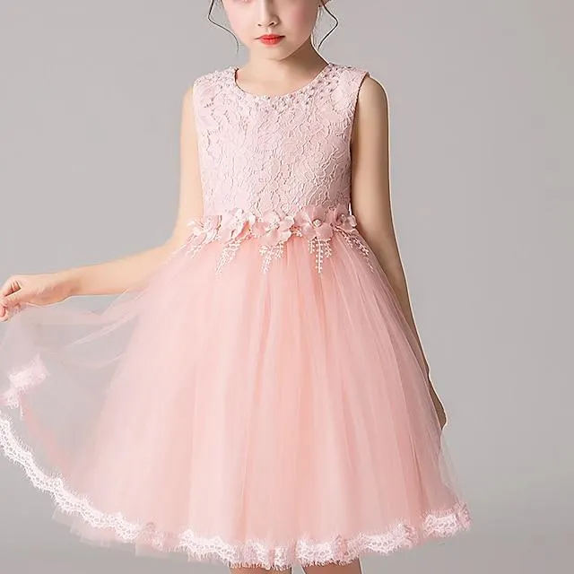Niños Chica Vestido Color sólido Flor Sin Mangas Fiesta Casual Encaje Multi capa Estilo lindo Dulce Malla Encaje Tul Vestido princesa rosa 3-12 años Blanco Rosa Morado