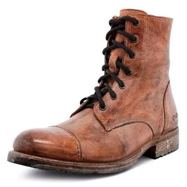 Hombre Botas Botas de Combate Costura a mano Zapatos de Paseo Vintage Casual Exterior Diario Cuero Sintético Impermeable Transpirable Cómodo Mitad de Gemelo Cordones Negro Marrón Gris Primavera Otoño