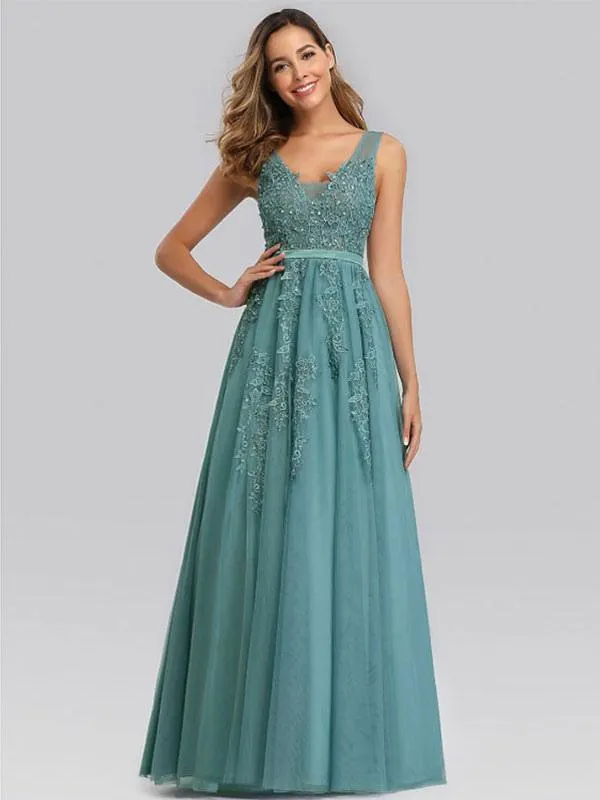 Vestido de noche Corte en A Escote en V Satén mate Hasta el suelo Apliques Vestidos de fiesta social