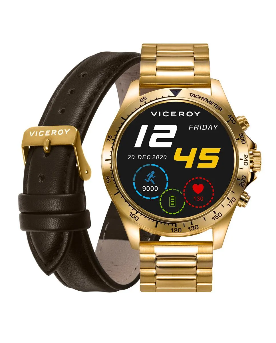 Smartwatch de acero Ip dorado y brazalete con correa de piel negra de recambio