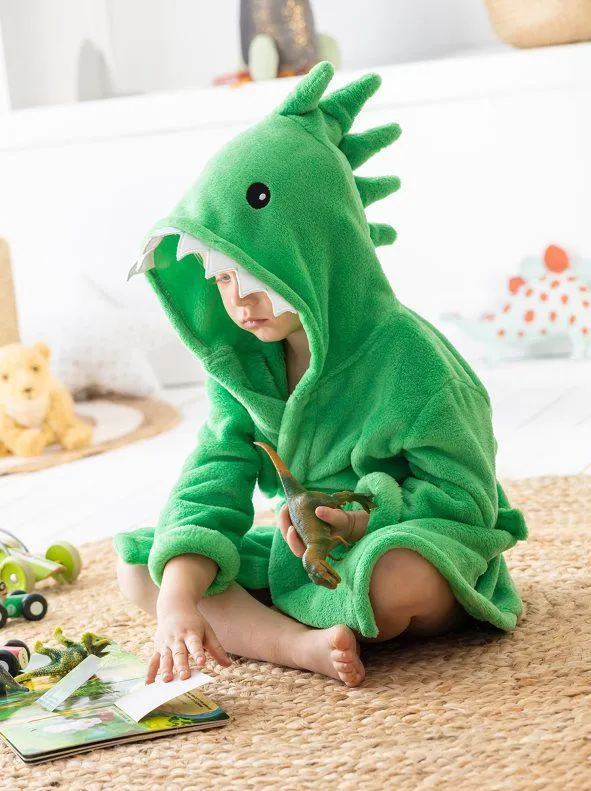 Albornoz infantil con capucha de dinosaurio en microfibra muy suave
