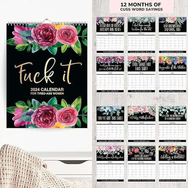 Calendario de pared 2024 para mujeres cansadas, divertido calendario mensual con gancho, calendario colgante hecho a mano para oficina en casa, regalo de broma de elefante blanco para mujeres