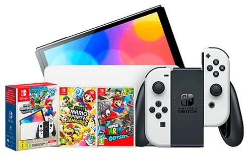 Consola Nintendo Switch OLED + Super Mario Bros Wonder + Super Mario Odyssey + Super Mario Party Jamboree