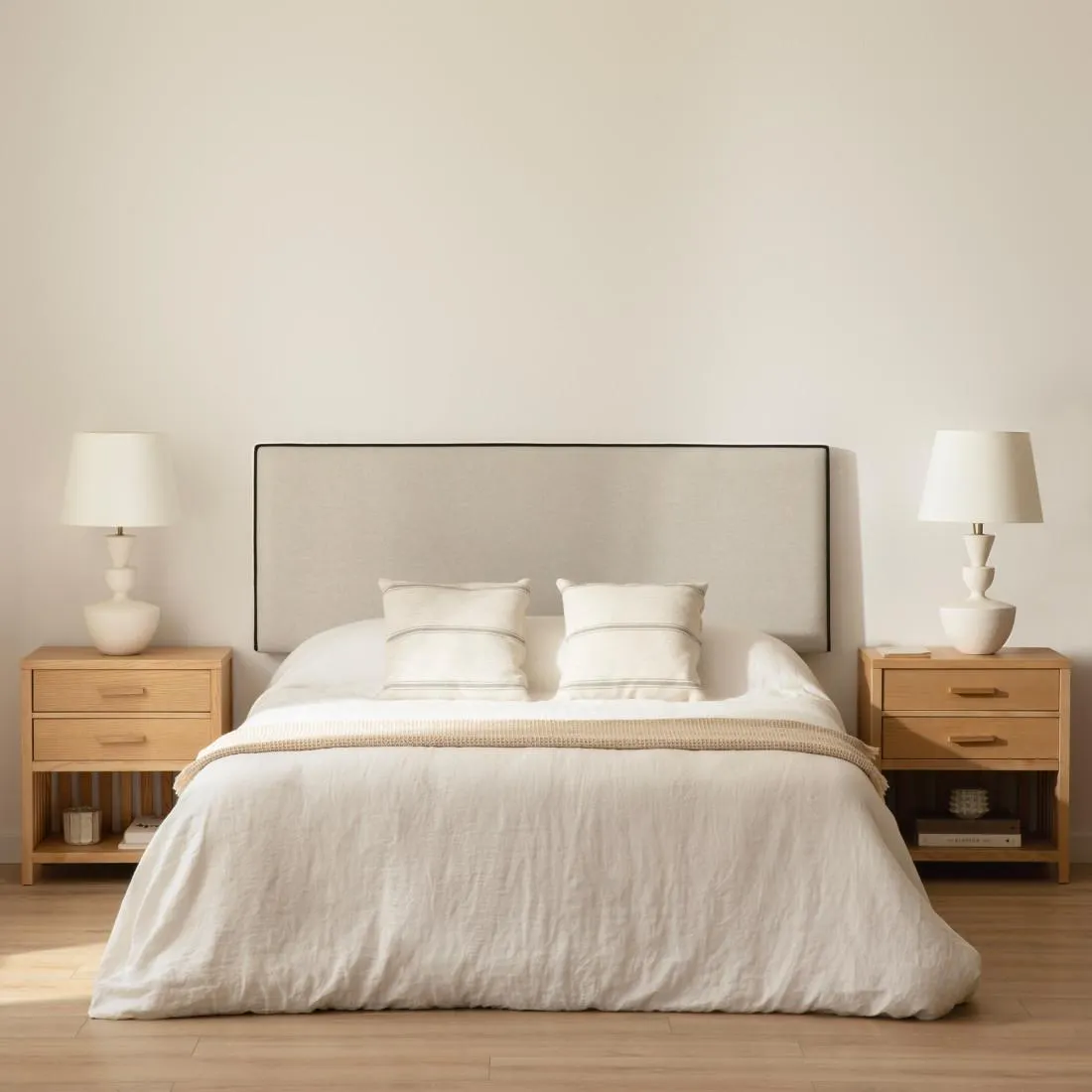 Cabecero tapizado 150/160 beige ribete negro