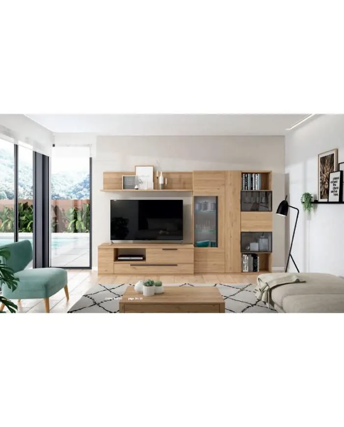 Mueble de comedor con estantería y tres vitrinas en color madera natural en Nattex