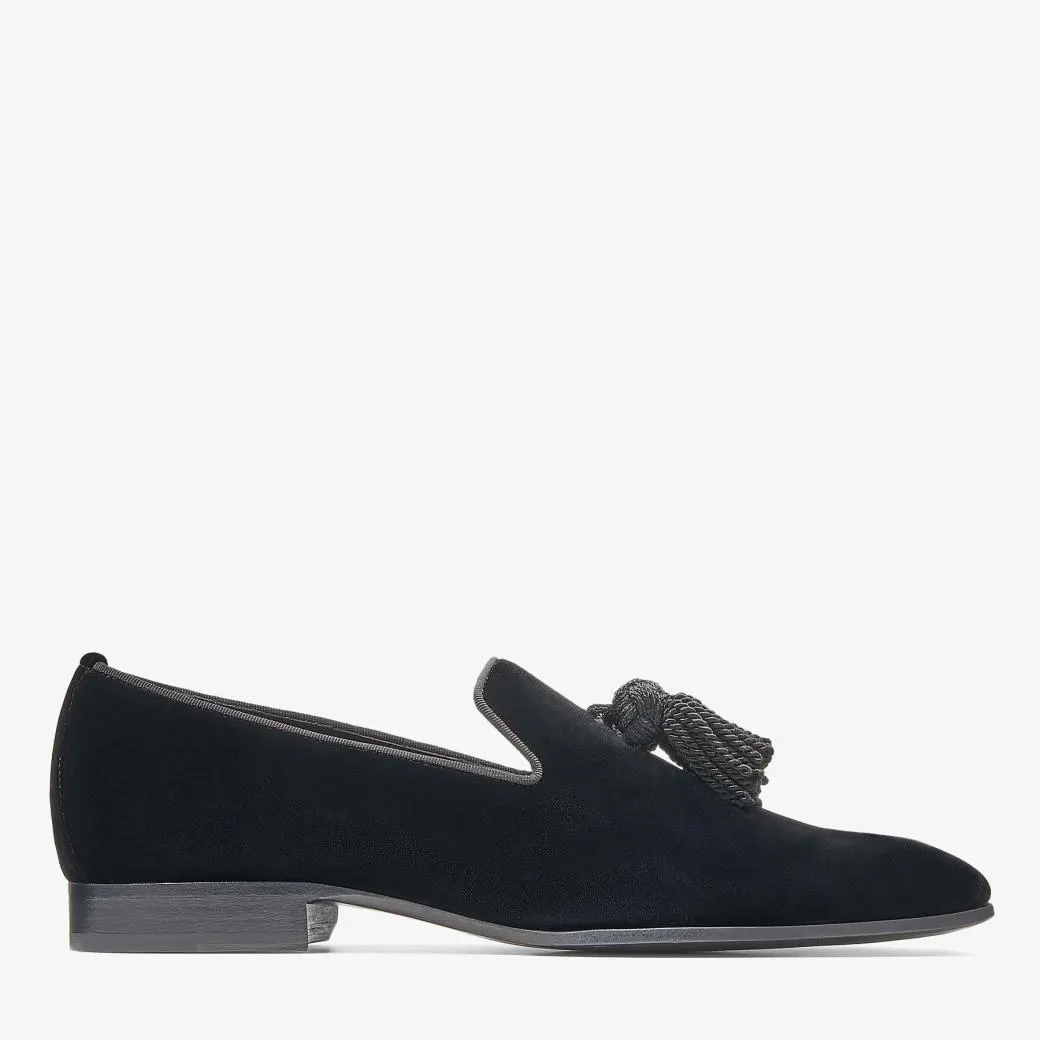 Black Velvet Slip-On Shoes with Tassel