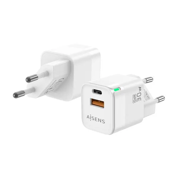 AISENS CARGADOR GAN 30W. 1XUSB-C PD3.0 QC4.0. 1XUSB-A QC3.0. BLANCO