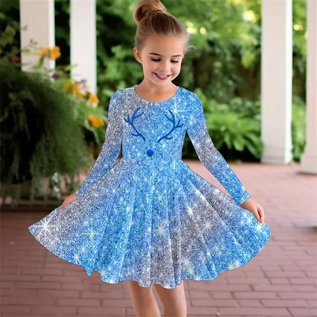Girls ' 3D Cada Vestido Rosa Manga Larga Impresión 3D Otoño Invierno Deporte Diario Festivos Estilo lindo Casual Hermosa Niños 3-12 años Vestido informal Vestido de una línea Sobre la rodilla