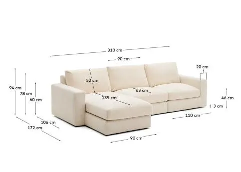 Sofá modular desenfundable Alea 4 plazas chenilla chaise longue izquierdo crudo 310 cm