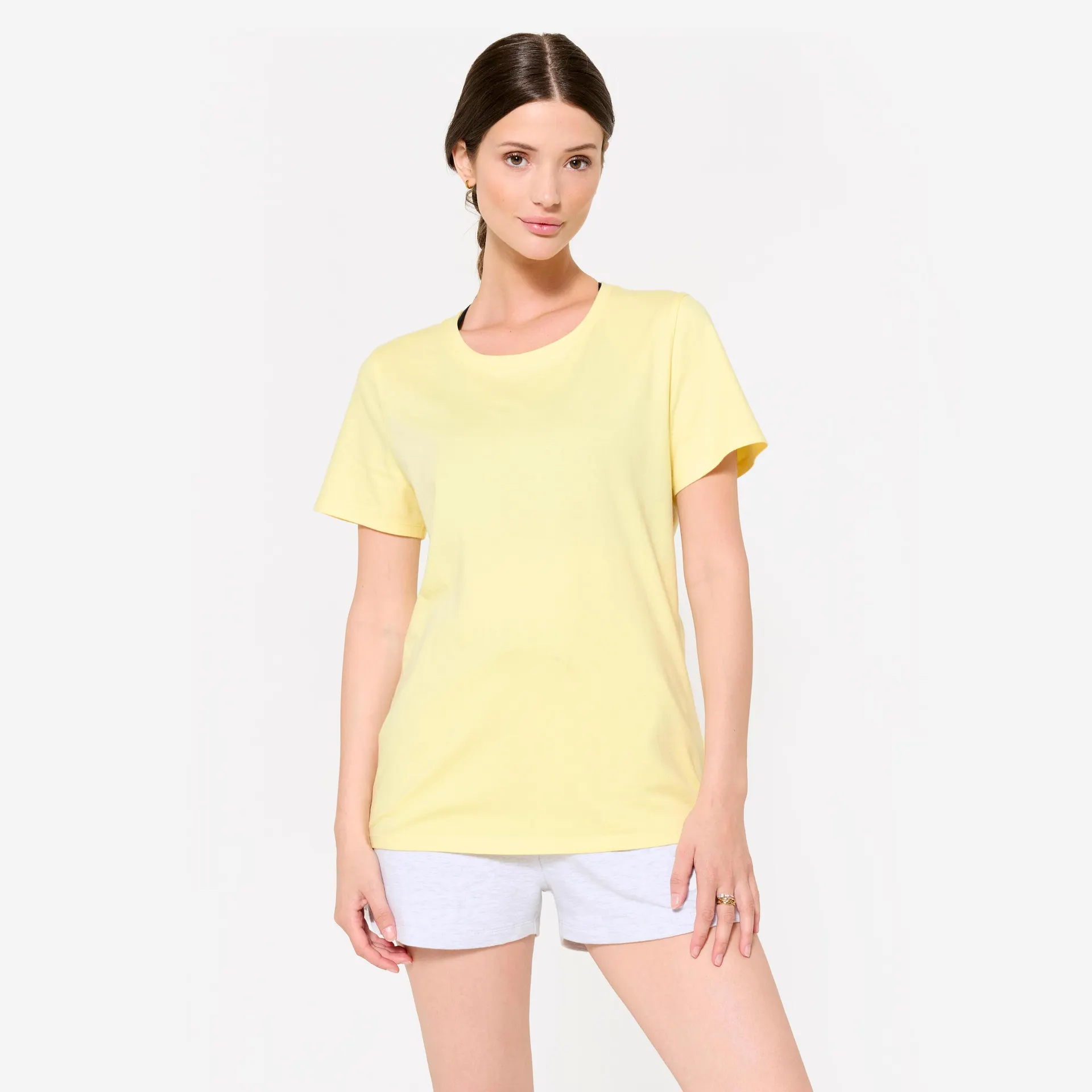 Camiseta Mujer Amarillo Pastel Cuello Redondo Algodón