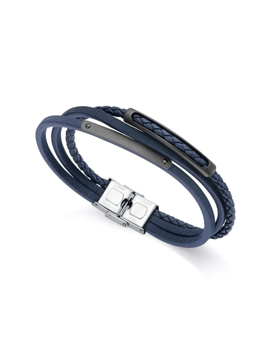 Pulsera Air de acero con piel azul y motivo en IP negro