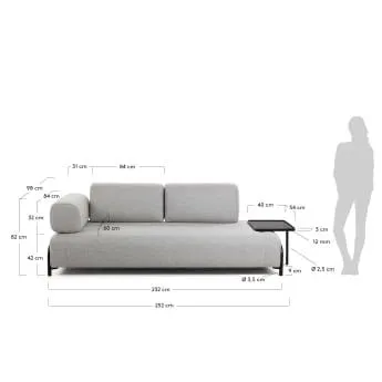Sofá Compo 3 plazas beige grisáceo con bandeja grande 252 cm