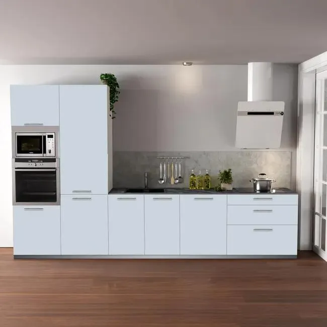 Cocina en kit Atenas azul aguamarina 360 cm con 3 módulos bajos