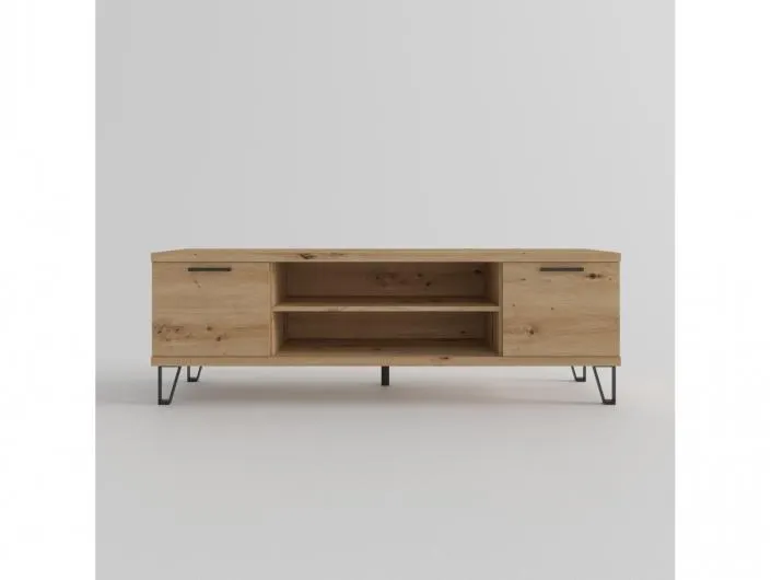 Mesa tv. 2 puertas y huecos con patas diáfanas color artisan-negro de 160 cm.