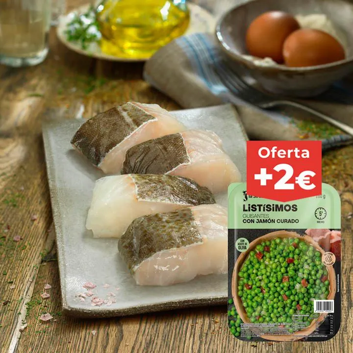 Lomos de bacalao + guisantes con jamón