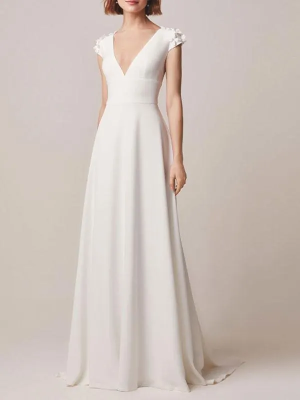 Vestido de novia simple Poliéster Cuello en V Manga corta Apliques Una línea de vestidos de novia