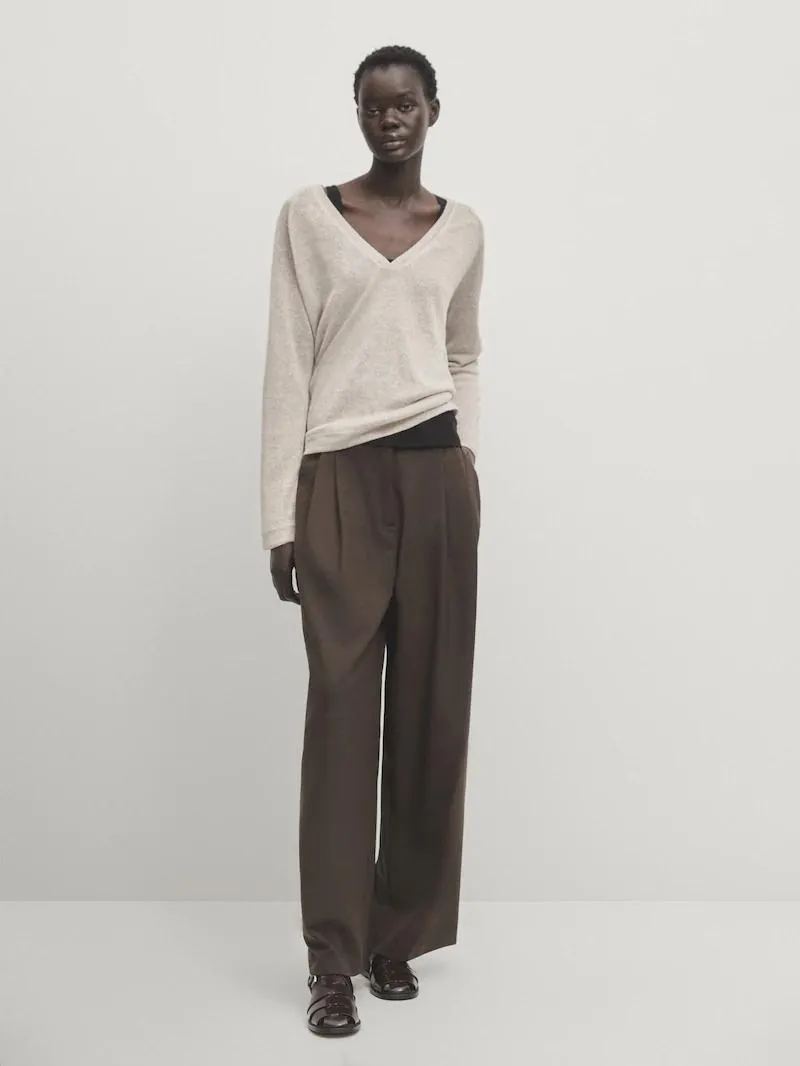 Camiseta lino manga larga cuello pico