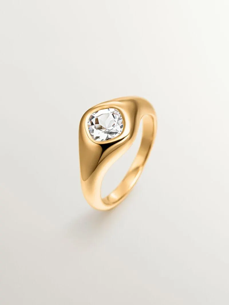 Anillo de sello de plata 925 bañada en oro amarillo de 18K con cuarzo blanco