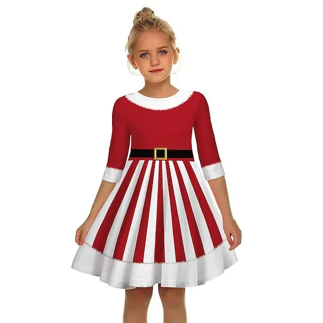 Vestido de Papá Noel en 3D para niña, media manga, fiesta de otoño e invierno, princesa, niños dulces de 3 a 10 años, vestido de línea asimétrico de poliéster, ajuste regular