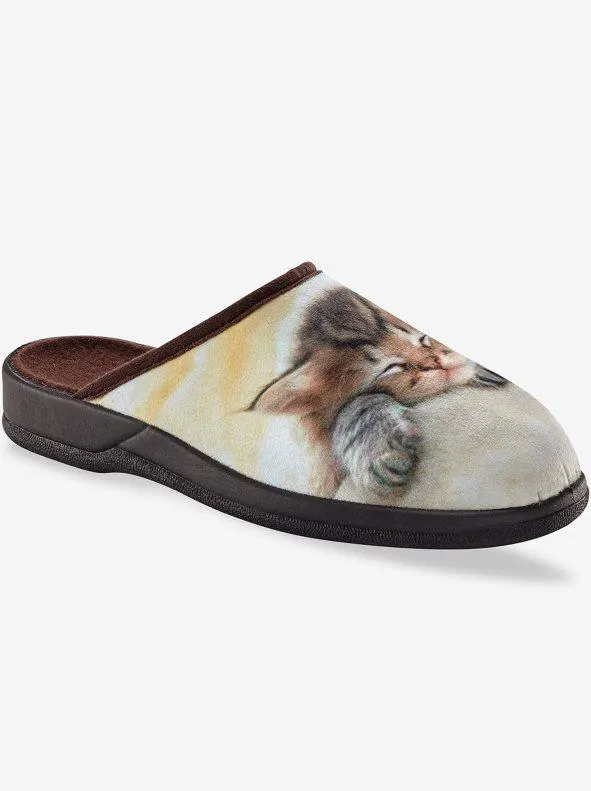 Zapatilla de casa con estampado gato