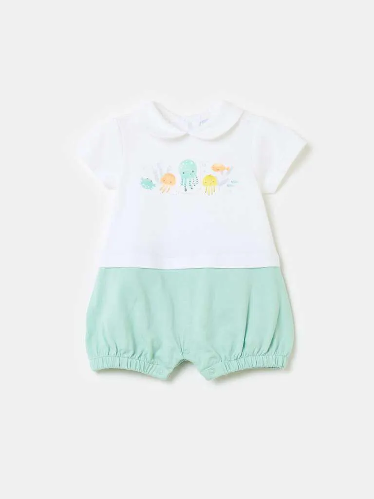 Two-tone short onesie with sea animals print Blanc/vert aqua