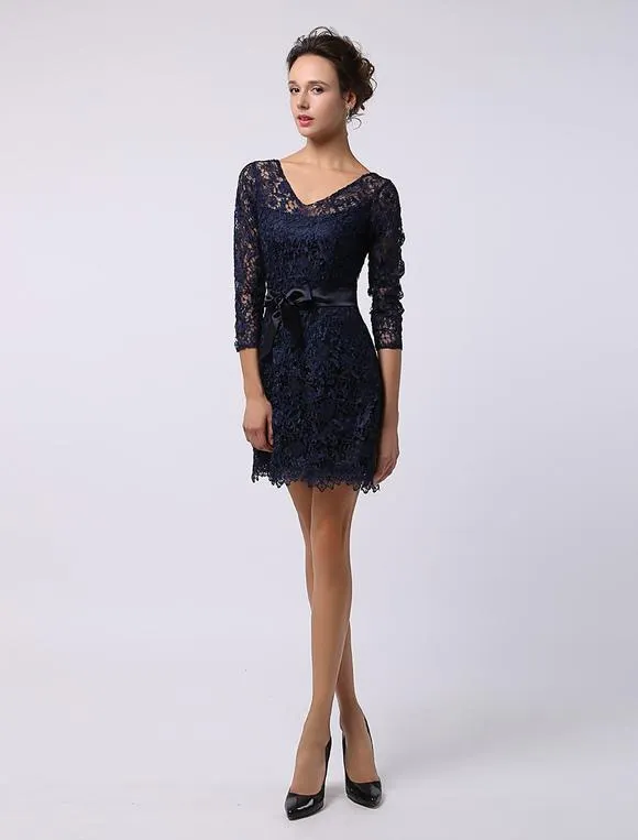 Vestido de damas de honor de encaje con cuello en V y 3/4 manga Vestidos de boda para huéspedes