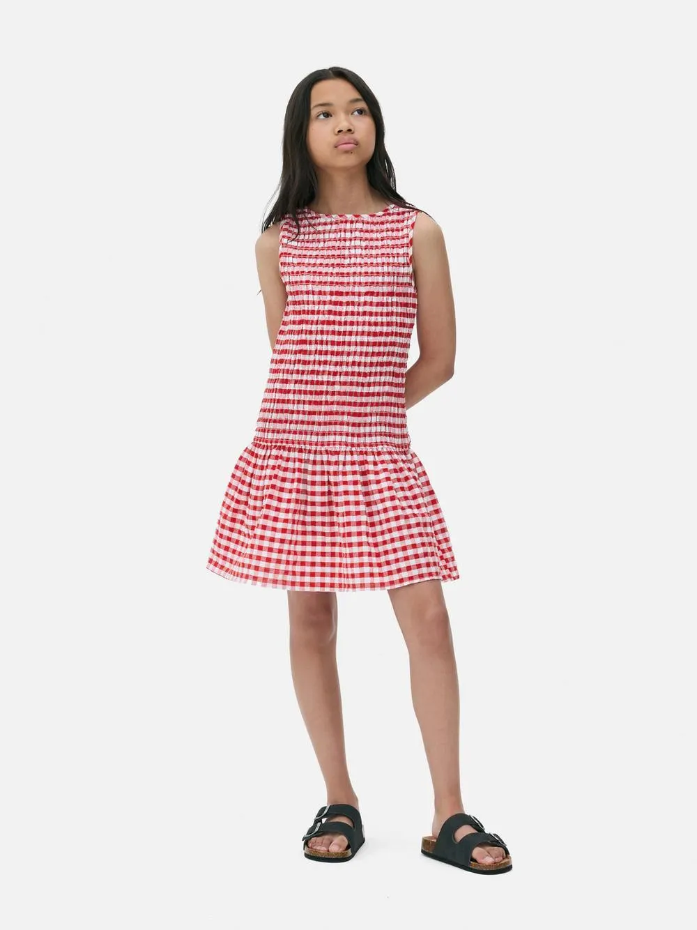 Vestido a cuadros vichy fruncido con cintura caída