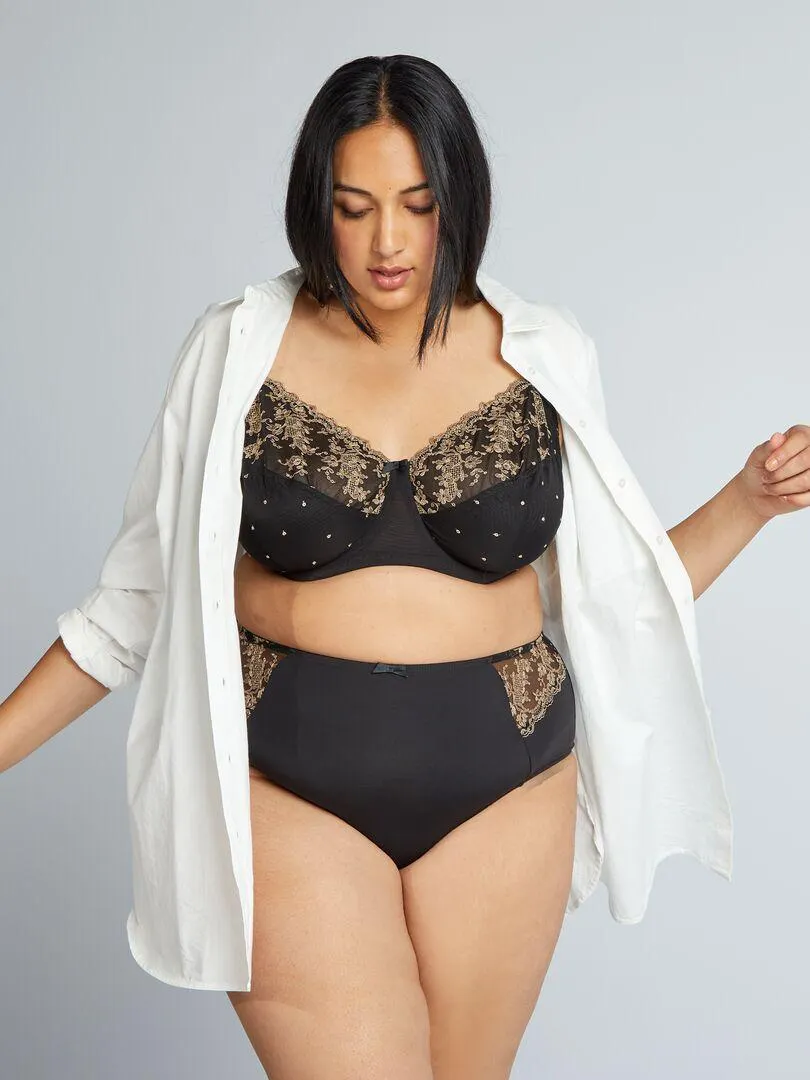 Sujetador bicolor de encaje de flores - negro