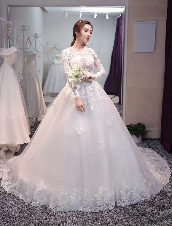 Vestido de novia princesa con escote redondo Sin espaldo con manga larga Con cola estilo princesa
