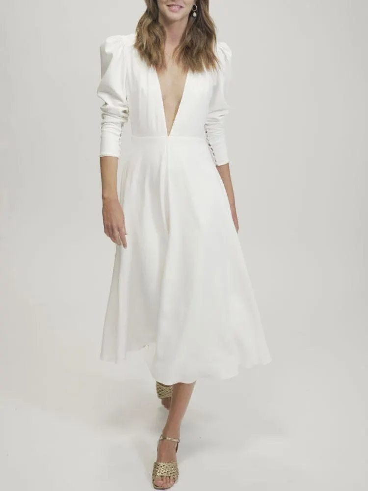 Vestido de novia simple marfil para mujer Una línea de cuello en V Mangas largas Vestidos de novia largos