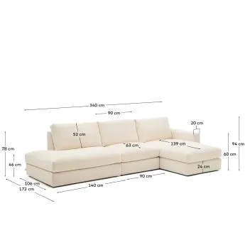 Sofá modular desenfundable Alea 5 plazas chenilla chaise longue derecho crudo 340 cm