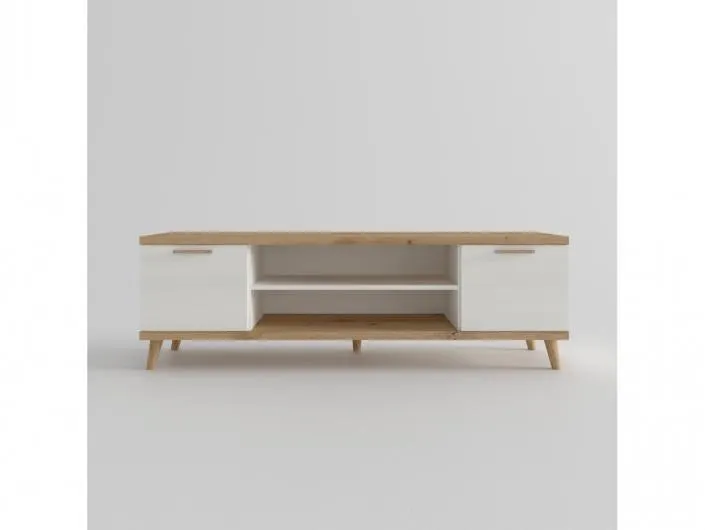 Mesa tv. 2 puertas y huecos con patas redondas color artisan-polar de 160 cm.