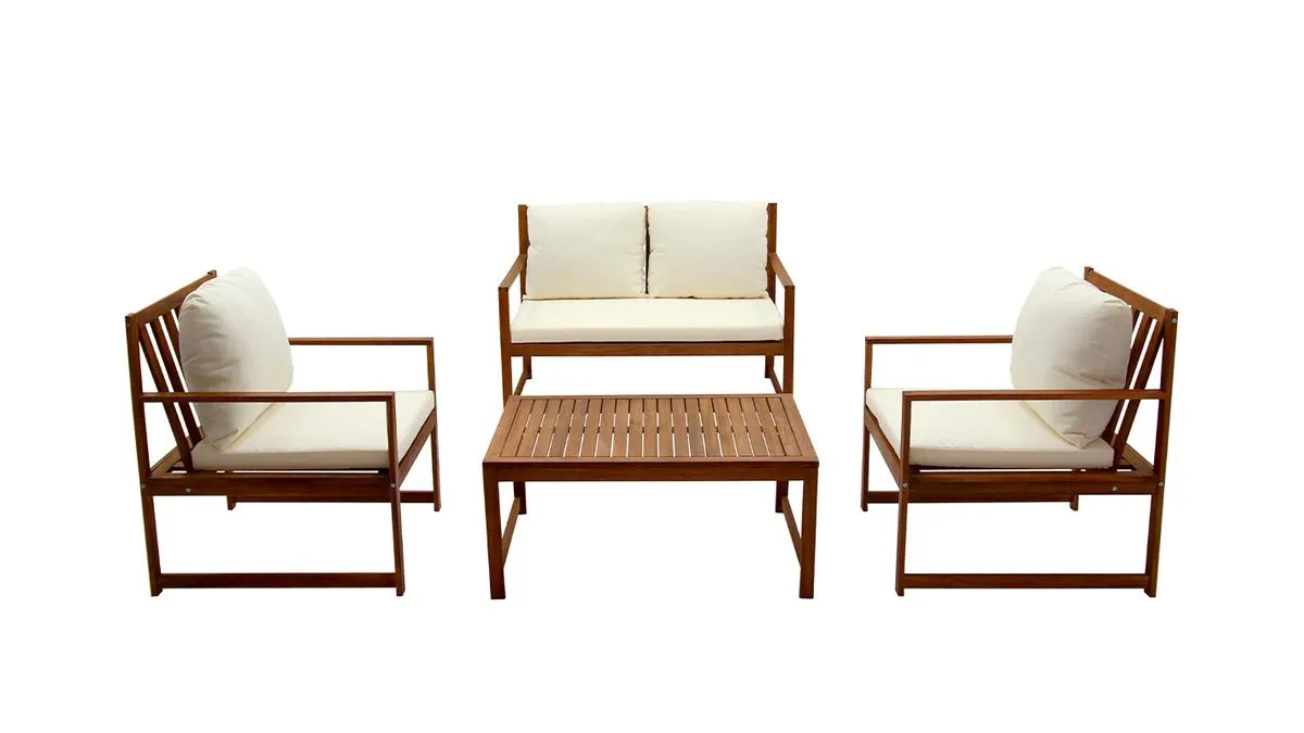 Conjunto de jardín de acacia maciza y tela beige COSTA