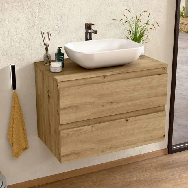 BELLOBATH - Mueble de baño suspendido con lavabo de cerámica, Mueble con 2 Cajones, 60 x 55 x 46 cm, Mueble roble