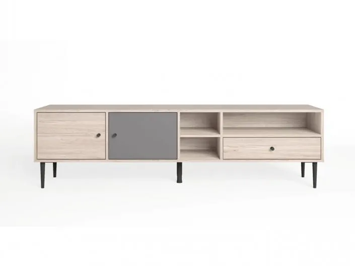 Mueble tv con puertas, cajón y huecos color sahara-gris pizarra y blanco