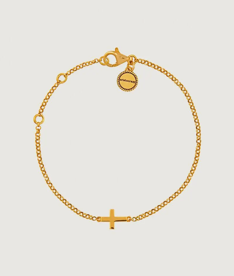 Pulsera de plata 925 bañada en oro amarillo de 18K con cruz