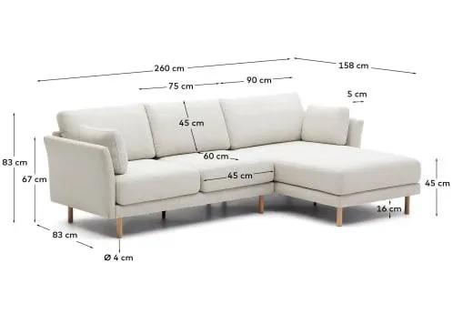 Sofá Gilma 3 plazas chenilla chaise longue derecho/izquierdo perla y patas natural 260 cm