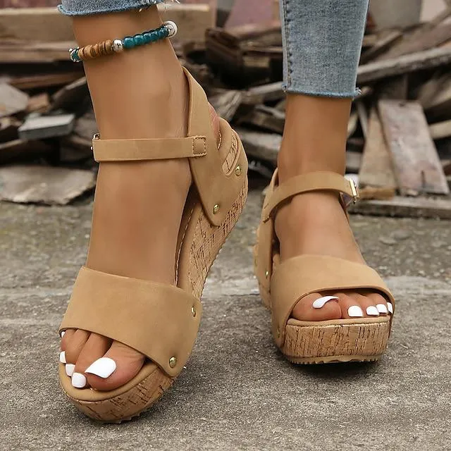 Mujer Sandalias Sandalias con Cuña Tallas Grandes Sandalias con correa en el tobillo Exterior Playa Tacón Cuña Elegante Casual Minimalismo PU Hebilla Color sólido Negro Color Caquí