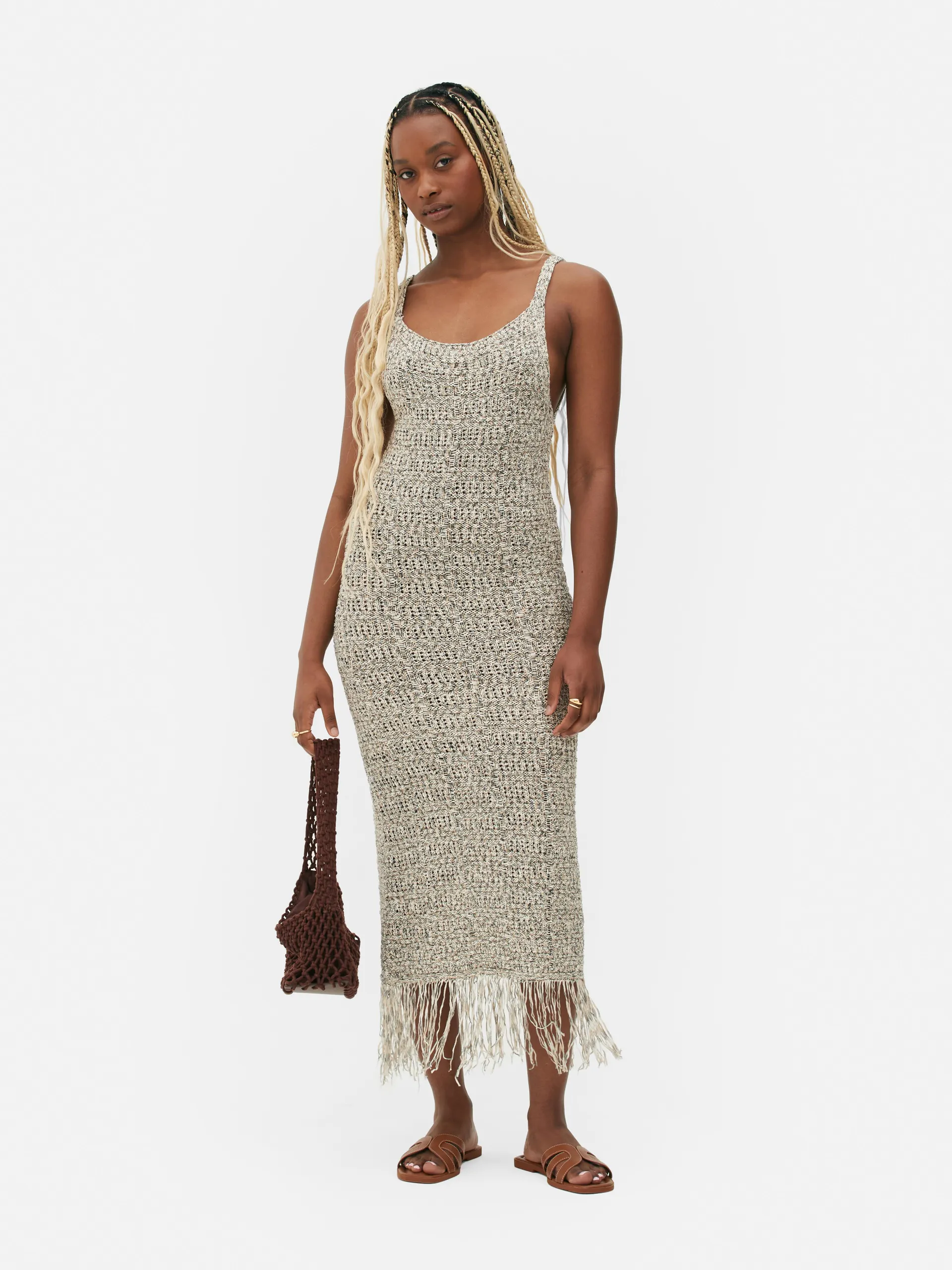 Vestido midi con flecos y textura