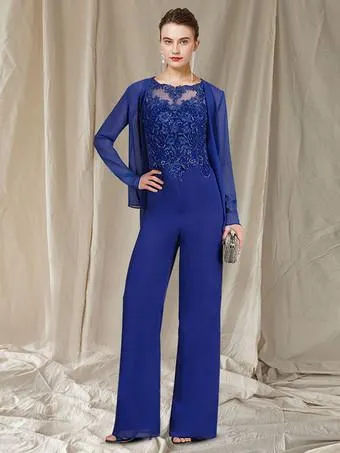 Vestido de madre nupcial Cuello joya Mangas largas Apliques de dos piezas Hasta el suelo Vestidos de invitados de boda