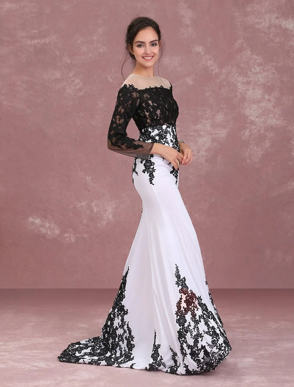 Vestido de noche de encaje con manga larga con escote barco Vestidos de madrina de boda Vestidos para mamá en 2-tonos negro y blanco