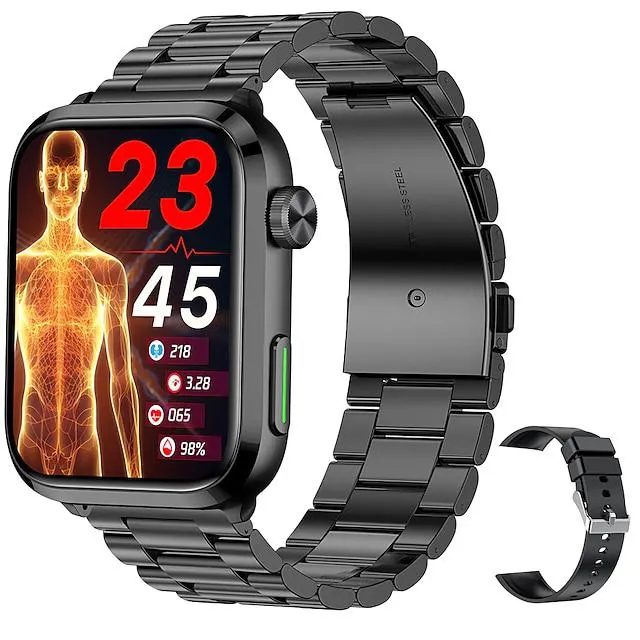 1,91 pulgadas fisioterapia láser ecg glucosa en sangre reloj inteligente de salud fitness reloj para correr bluetooth monitoreo de temperatura podómetro compatible con android ios mujeres hombres ip67