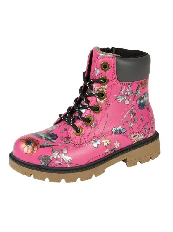 Botas a los Tobillos de PU Polipiel Sonia con Cordones, Cremallera Interna Diseño Floral Niñas