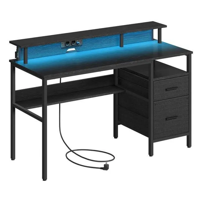 Escritorio esquinero para juegos con luces led - estante para monitor, 2 cajones, tomas de corriente y puertos usb, ideal para oficina, negro ébano